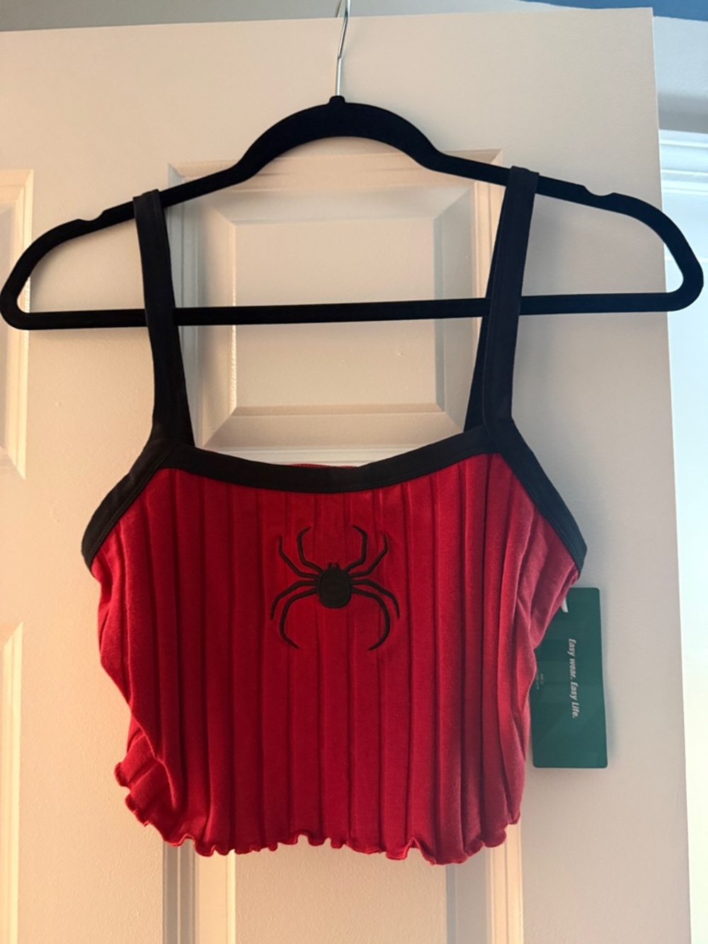 SHEIN Red Ribbed Spider Appliqué Cropped Tank with Black Trim